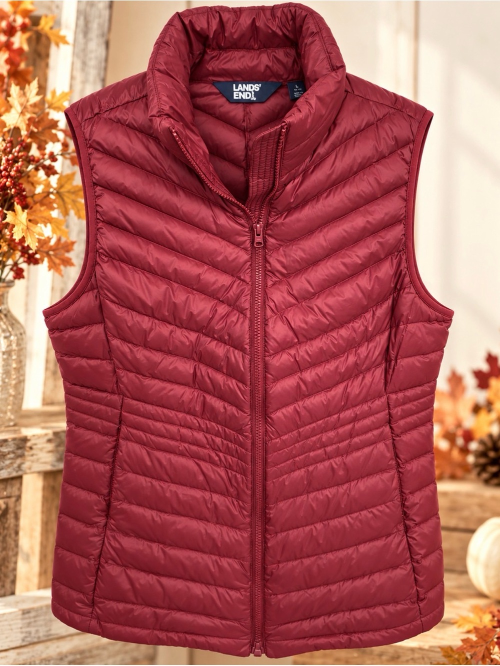 Lands' End Quilted Lightweight Vest in Burgundy
